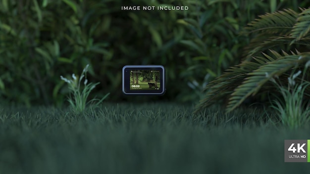 Cámara de acción levitando Mockup de pantalla en jardín con hojas Grass 3D render