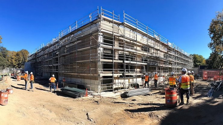 PSD câmara de construção com trabalhadores e andaimes