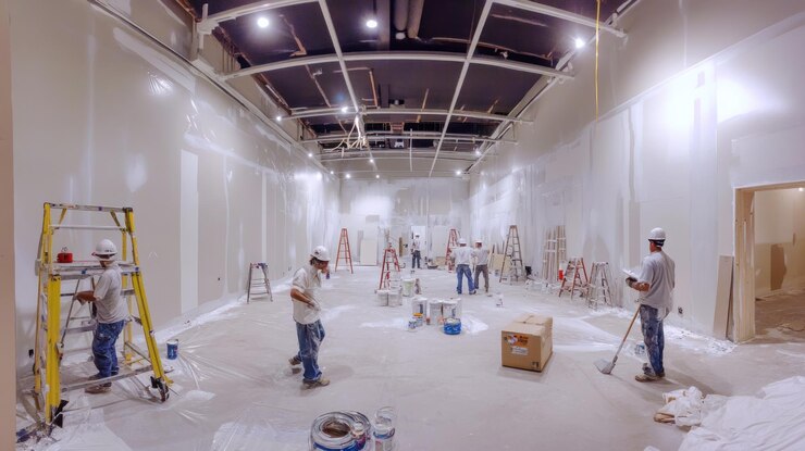 PSD câmara de construção com trabalhadores e equipamentos