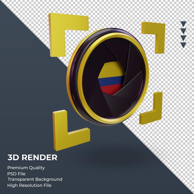 PSD cámara con obturador 3d bandera de colombia representación vista izquierda