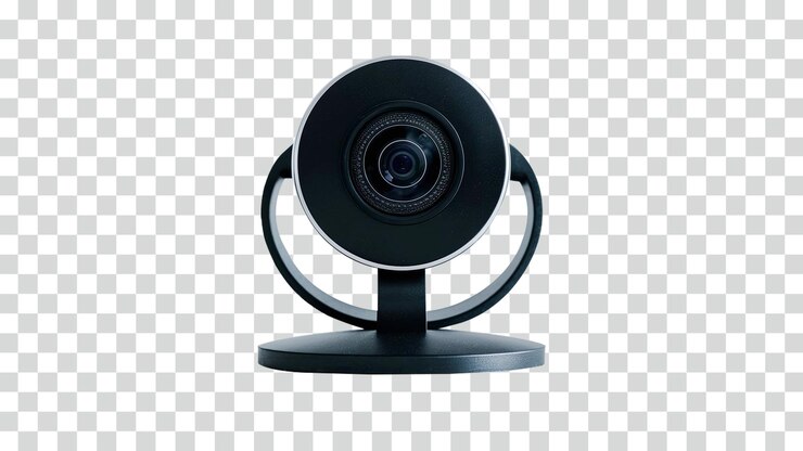PSD una cámara web se encuentra en un elegante soporte negro aislado sobre un fondo transparente