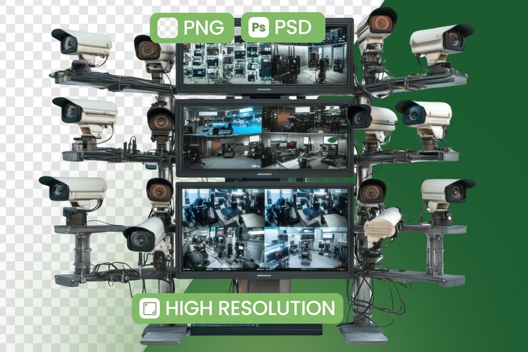 PSD las cámaras de seguridad capturan imágenes en monitores que muestran tecnología de vigilancia y monitoreo