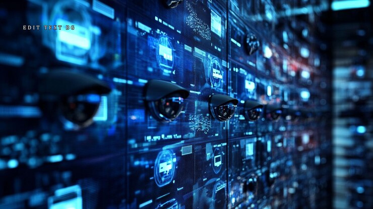 PSD cámaras de vigilancia que monitorean datos digitales en una pantalla grande