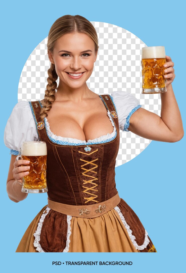 PSD camarera de oktoberfest con dos vasos grandes de cerveza con un vestido tradicional bávaro