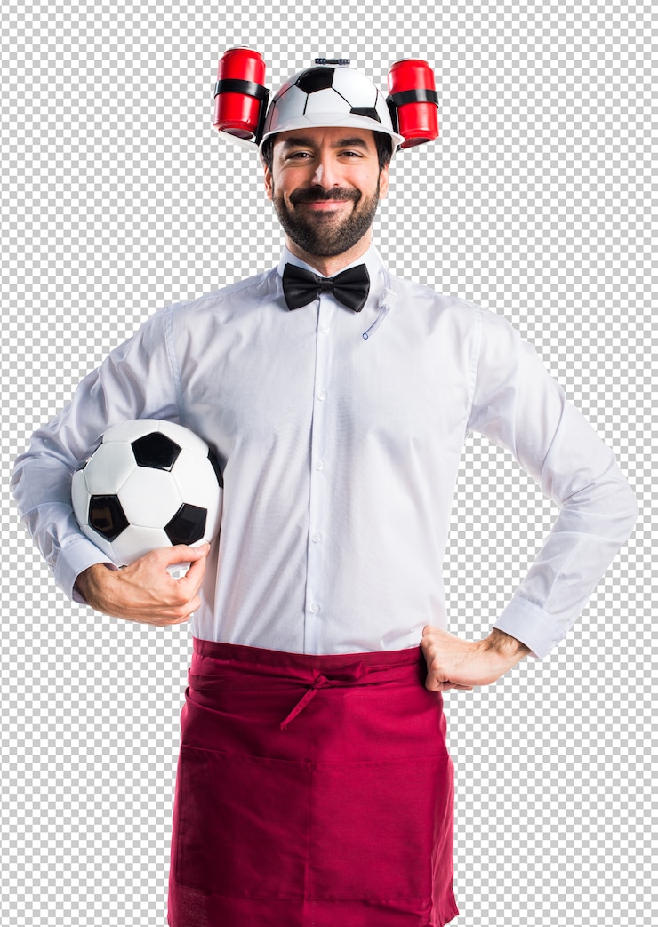 PSD camarero loco sosteniendo un balón de fútbol