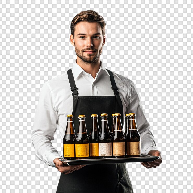 PSD un camarero sosteniendo una bandeja de botellas de cerveza aisladas en un fondo transparente