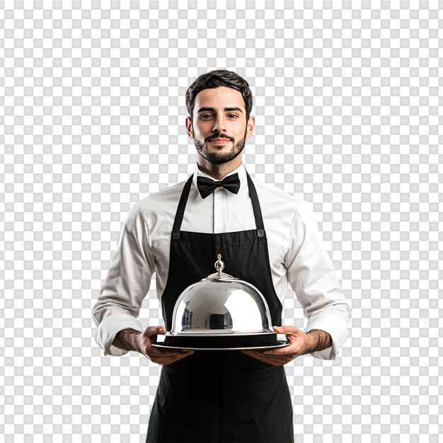 Camarero sosteniendo un plato de comida aislado en un fondo transparente