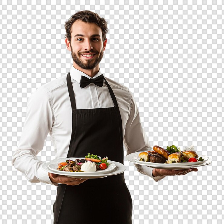 PSD camarero sosteniendo un plato de comida aislado en un fondo transparente