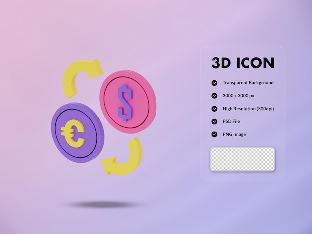 Cambio 3D e icono de moneda de dólar 3d renderizar ilustración