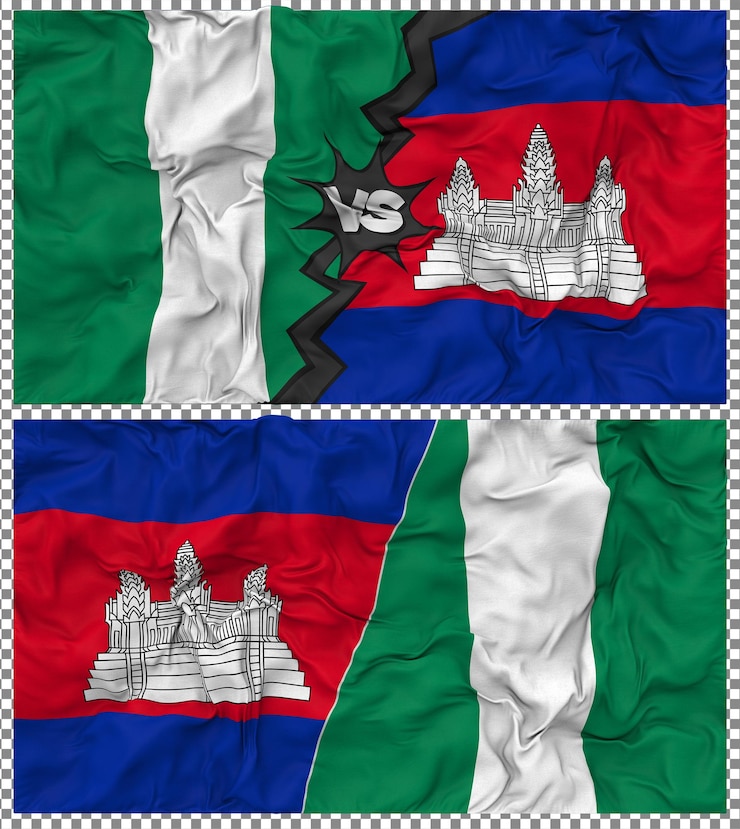PSD camboya contra nigeria media bandera combinada con textura 3d de la tela