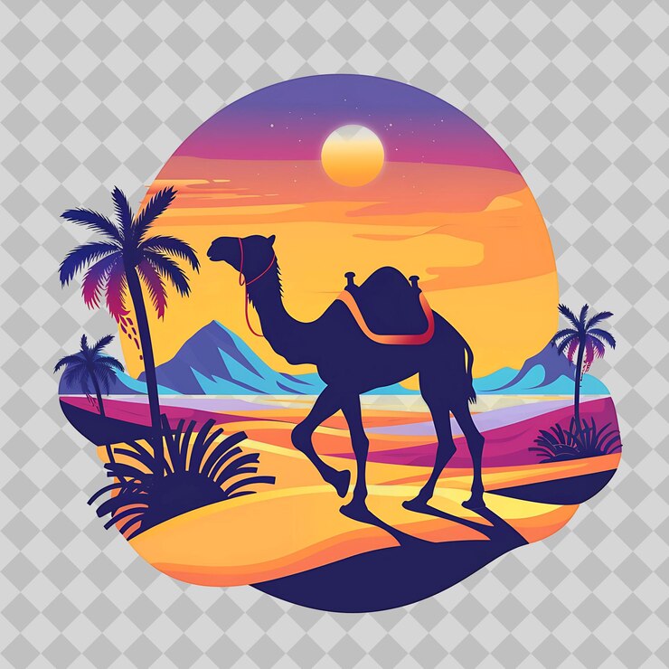 PSD un camello en una playa con palmeras y un atardecer
