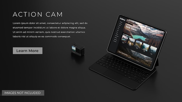 Caméra d'action avec Cloud Photos et ordinateur portable Mockup 3D Render