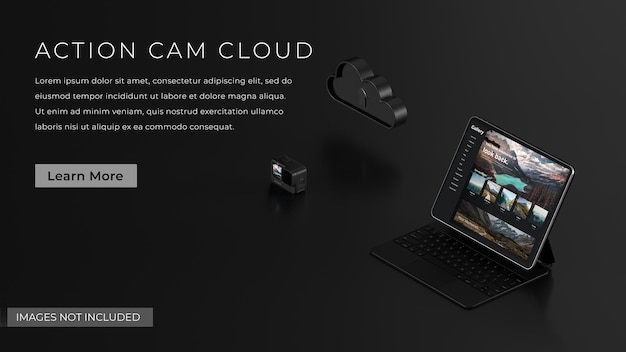 Caméra d'action avec serveur Cloud Photos et ordinateur portable Mockup 3D Render