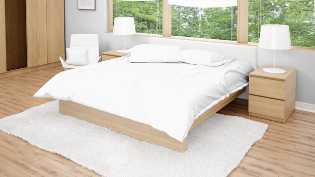 Camera d'albergo o camera da letto con letto matrimoniale e vista sul giardino dalle finestre