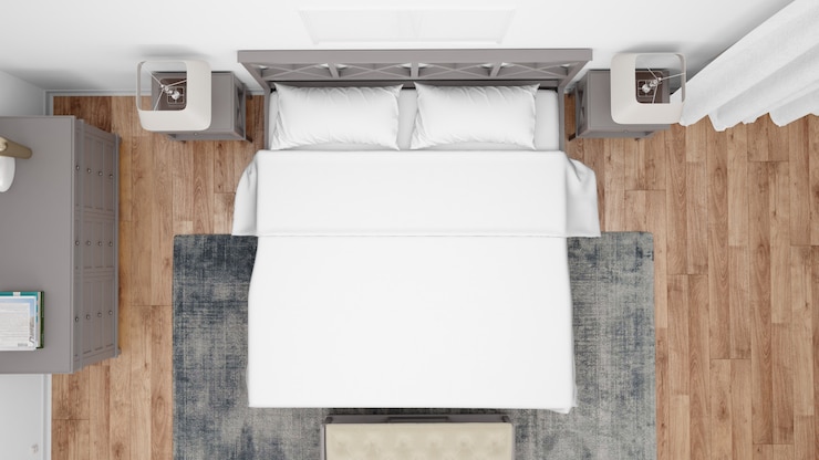 PSD camera d'albergo o camera da letto in stile classico e mobili eleganti, vista dall'alto