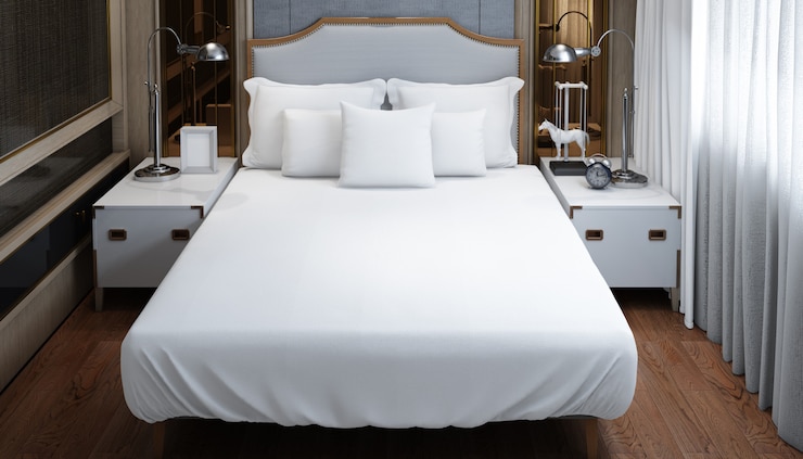 PSD camera da letto doppia moderna e luminosa con mobili