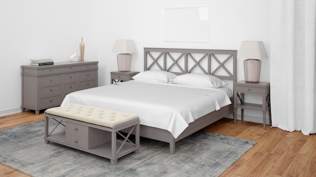 Camera da letto moderna o camera d'albergo con letto doppio e mobili eleganti