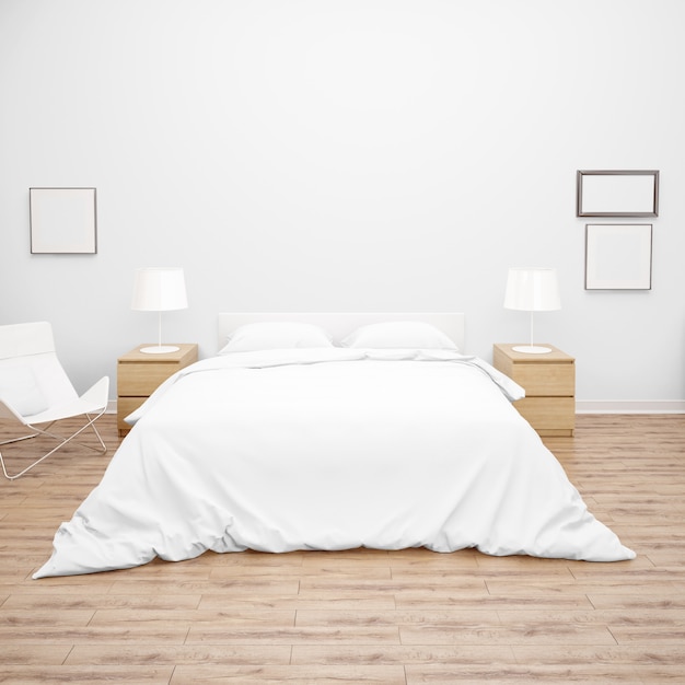 Camera da letto o camera d'albergo con letto matrimoniale con trapunta o trapunta bianca, mobili in legno e pavimento in parquet
