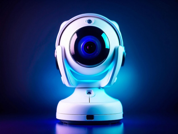 Câmera de segurança portátil de cor branca contra superfície escura em luz de néon