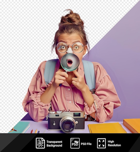 PSD caméra de recherche surpris avec loupe jeune enseignante portant des lunettes bouche couverte avec la main table assise avec des outils scolaires salle de classe avec un mur violet en arrière-plan