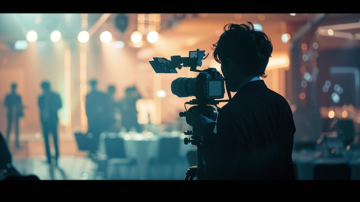 PSD cameraman che filma l'evento sullo sfondo sfocato degli ospiti