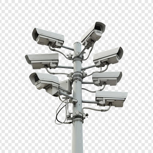 PSD câmeras de cctv em postes isolados em um ambiente tecnológico isolado em um fundo transparente