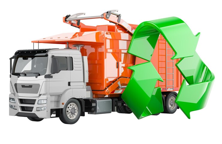 PSD camião de lixo com símbolo de reciclagem verde em 3d isolado em fundo transparente