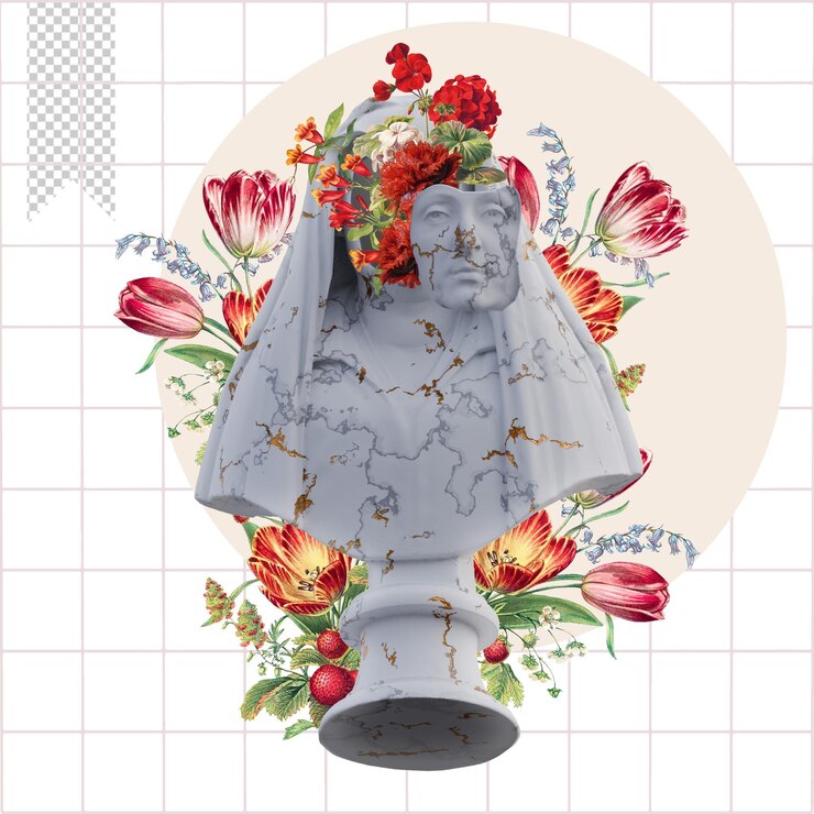 PSD camilla barbadori estatuas 3d hacer collage con composiciones de pétalos de flores para su trabajo