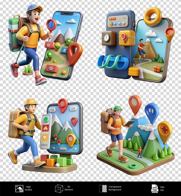 Caminantes de dibujos animados en 3D con aplicación de mapas móviles de alta calidad con fondo transparente