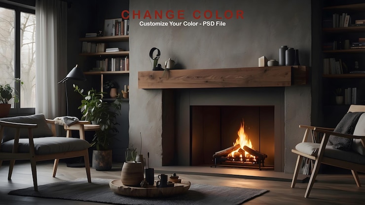 PSD caminera diseño interior minimalista moderno de la sala de estar tema de color oscuro de una chimenea clásica