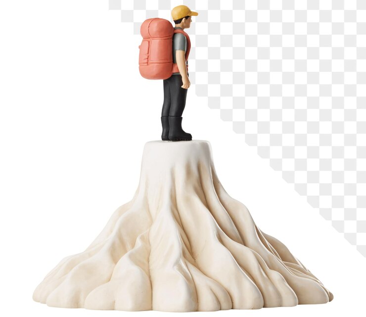 PSD caminhante de desenho animado em 3d em um pico de montanha