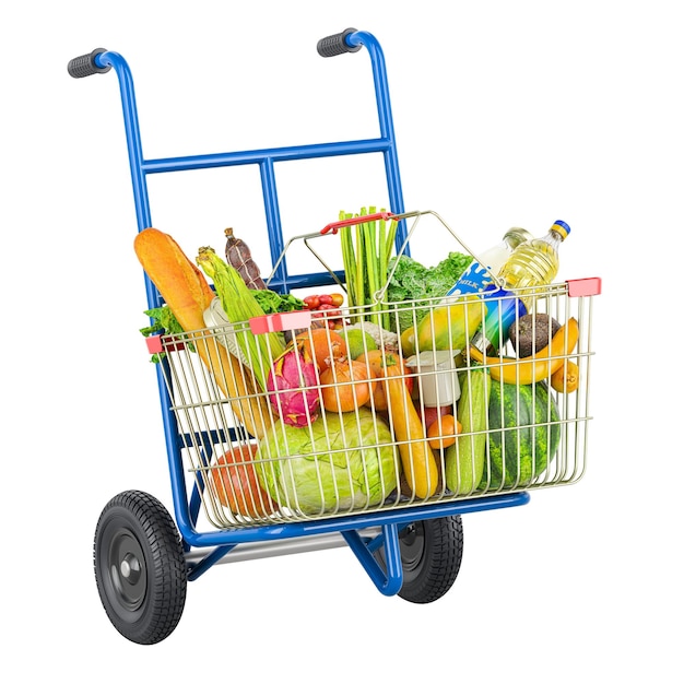 Caminhão de mão com cesta de compras cheia de produtos Conceito de entrega de produtos Renderização 3D isolada em fundo transparente