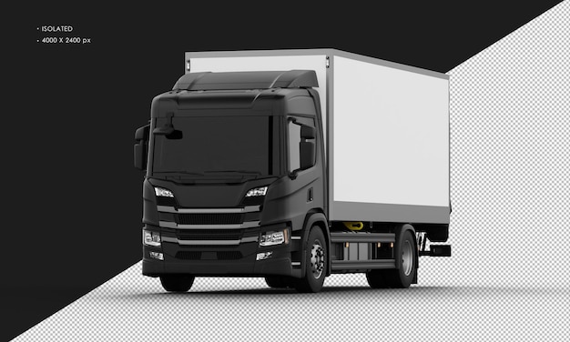 Caminhão de trânsito de caixa grande preto brilhante realista isolado da vista do ângulo frontal esquerdo