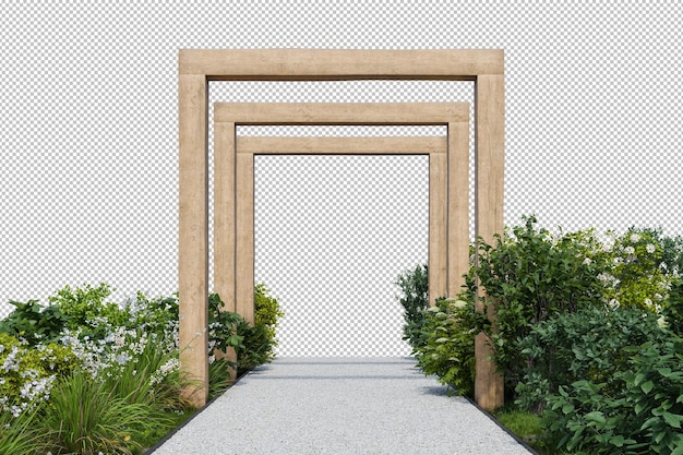 Caminho de cascalho e entrada de estrutura de madeira Renderização 3D de jardim natural com fundo vazio