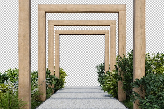 Caminho de cascalho e entrada de estrutura de madeira Renderização 3D de jardim natural com fundo vazio