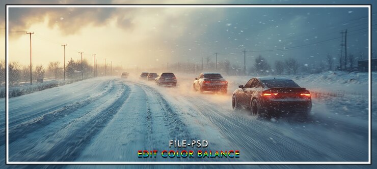 PSD caminhos nevados, carros a pôr-do-sol a conduzir uma nevasca.
