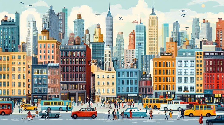 PSD caminhos vibrantes da cidade com edifícios coloridos, multidões movimentadas e tráfego
