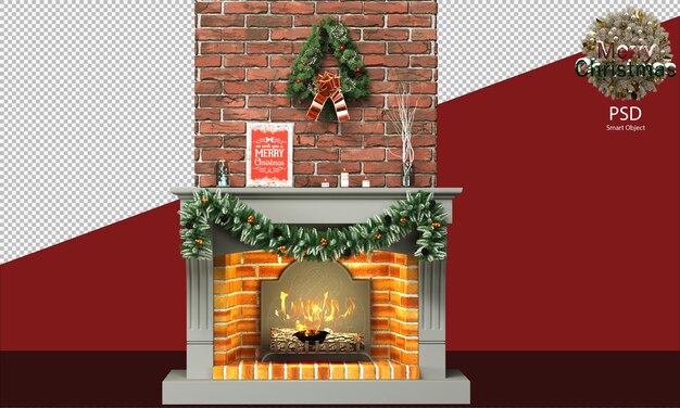 Camino di Natale con caminetto decorativo caldo e rustico isolato