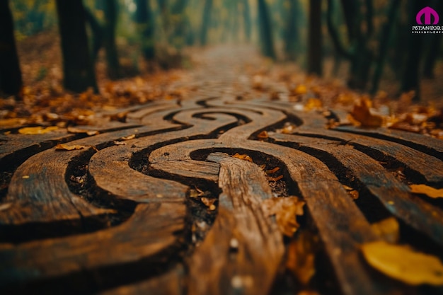 Camino forestal de otoño con un intrincado diseño de laberinto de madera