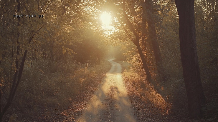 PSD camino iluminado por el sol que serpentea a través de un bosque al amanecer