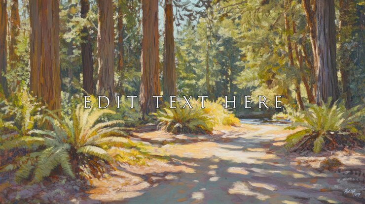 PSD camino iluminado por el sol a través del bosque de sequoias con helechos