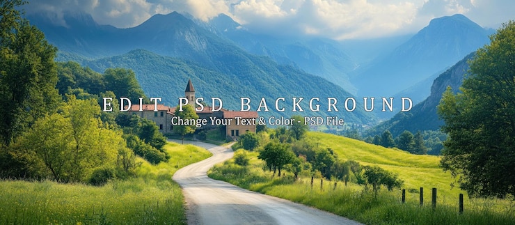 PSD camino panorámico a través de la aldea de las montañas