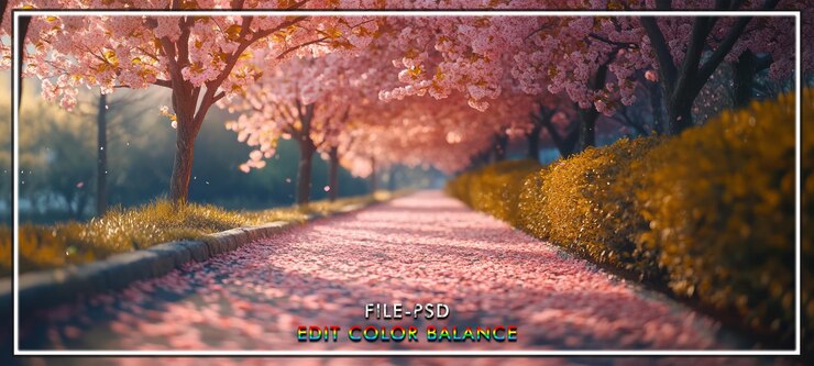 PSD el camino de los pétalos rosados, el amanecer, el parque, la primavera.