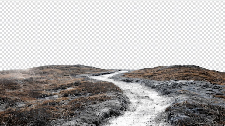 PSD un camino sinuoso y desolado aislado sobre un fondo blanco para un diseño artístico
