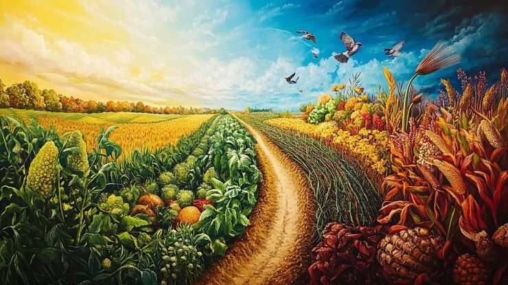 PSD un camino de tierra serpentea a través de un campo vibrante que muestra la transición del verano al otoño con diversos cultivos y aves en vuelo