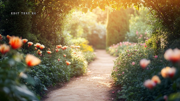 PSD caminos de jardín iluminados por el sol flores plantas naturaleza