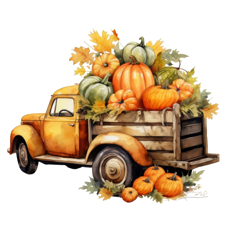 PSD camión amarillo antiguo cargado de calabazas y hojas de otoño
