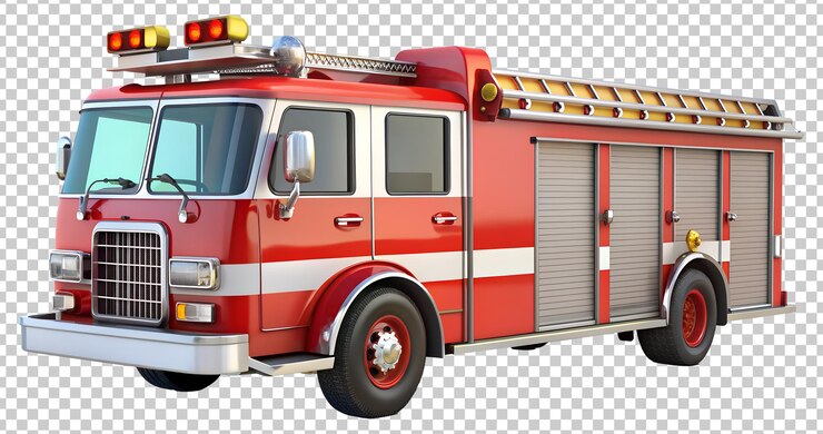 PSD camión de bomberos rojo clásico con luces de emergencia png aislado en fondo transparente