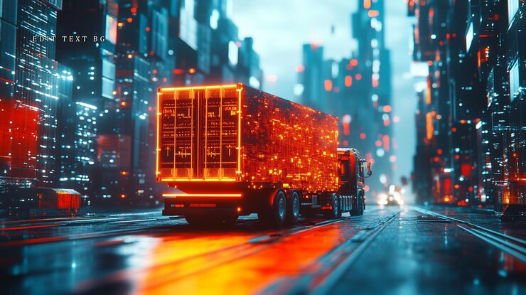 PSD un camión de carga futurista conduciendo por una ciudad cyberpunk iluminada por el neón por la noche