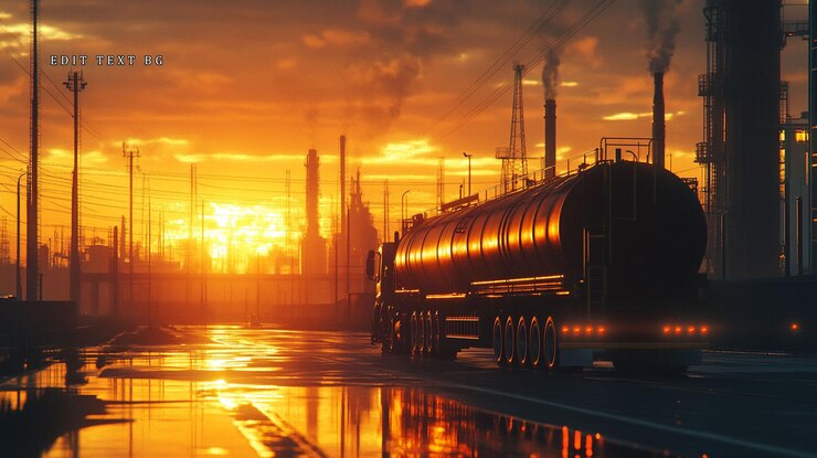 PSD un camión cisterna en la carretera al atardecer cerca de la refinería